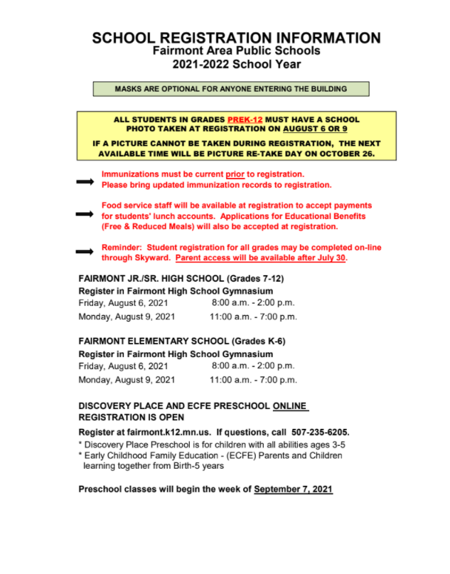 202122 Registration Information Fairmont Area Schools