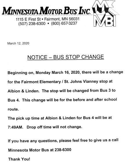 NOTICE - BUS STOP CHANGE 3/16/2020
